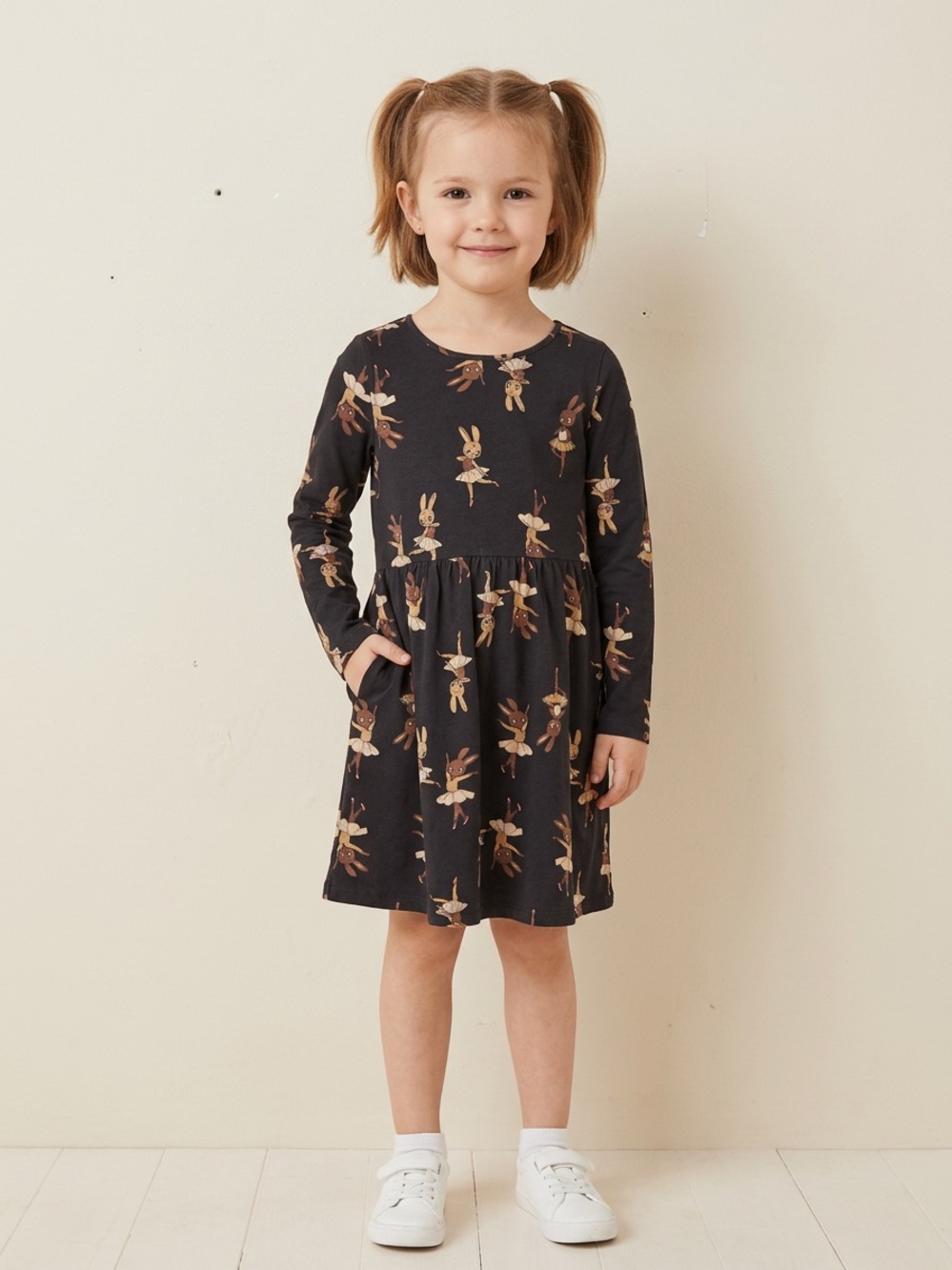 H&M Black Bunny Print Long-Sleeve Dress for Kids